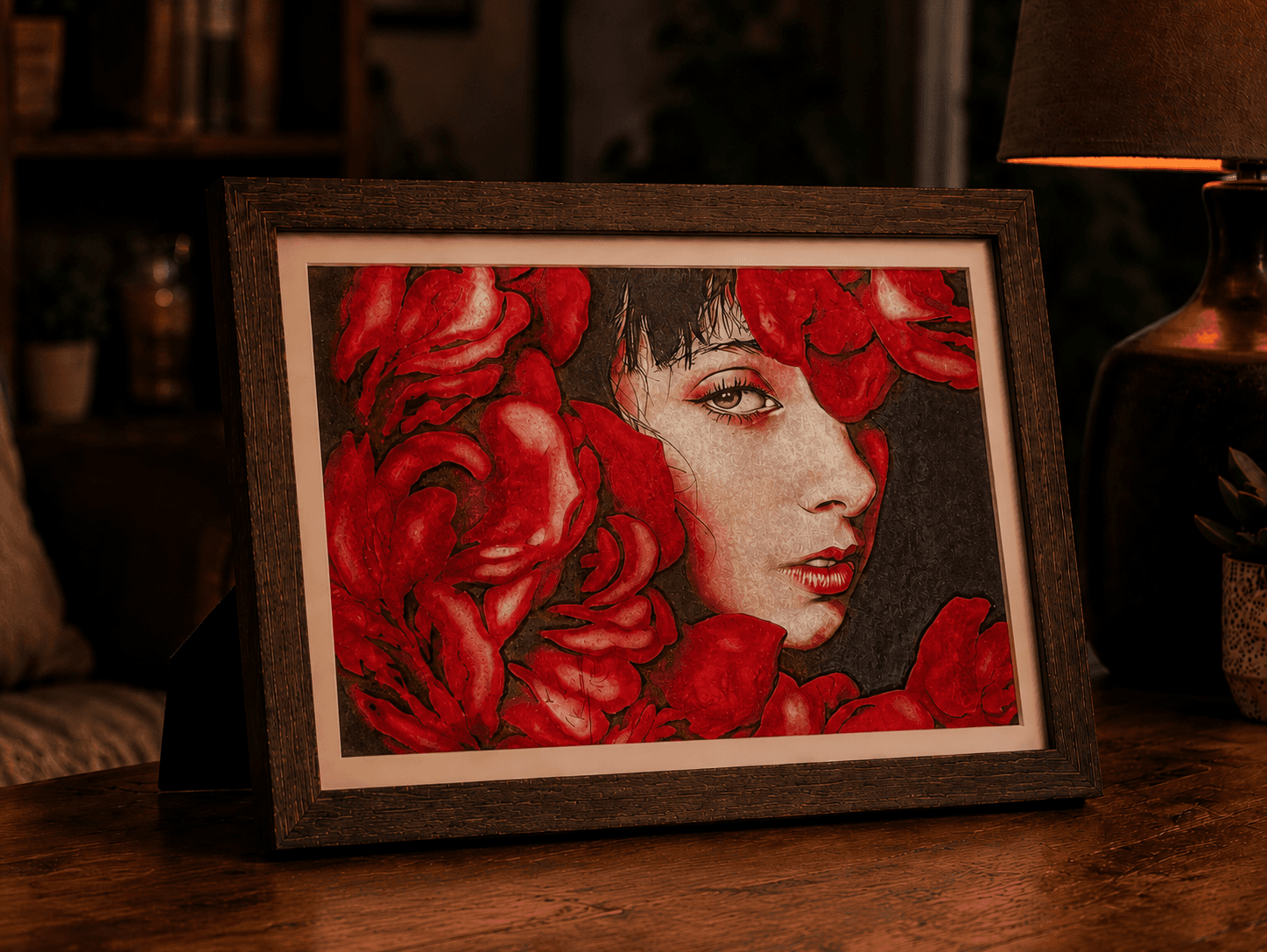 Custom illuminated landscape picture frame displayed in a warm living room