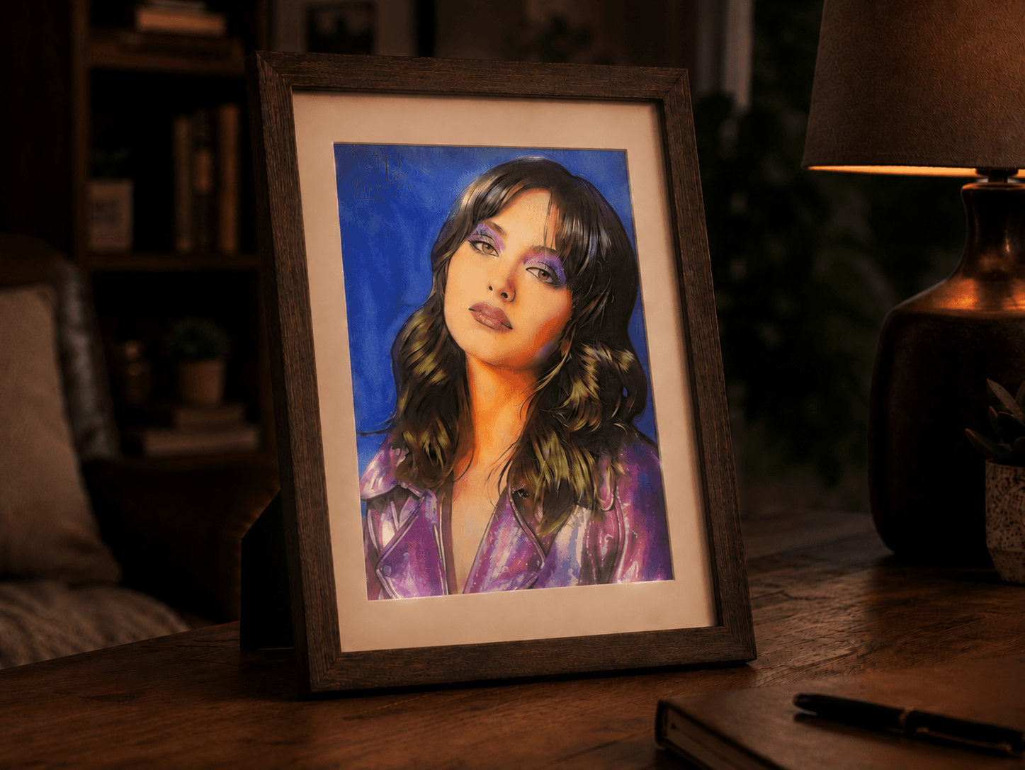 Custom illuminated picture frame displayed in a warm living room