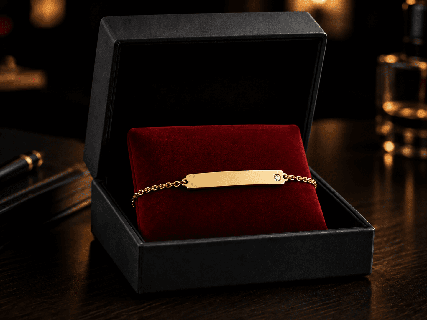 Gold Custom Eye Engraved Diamond Bracelet presented in a black gift box