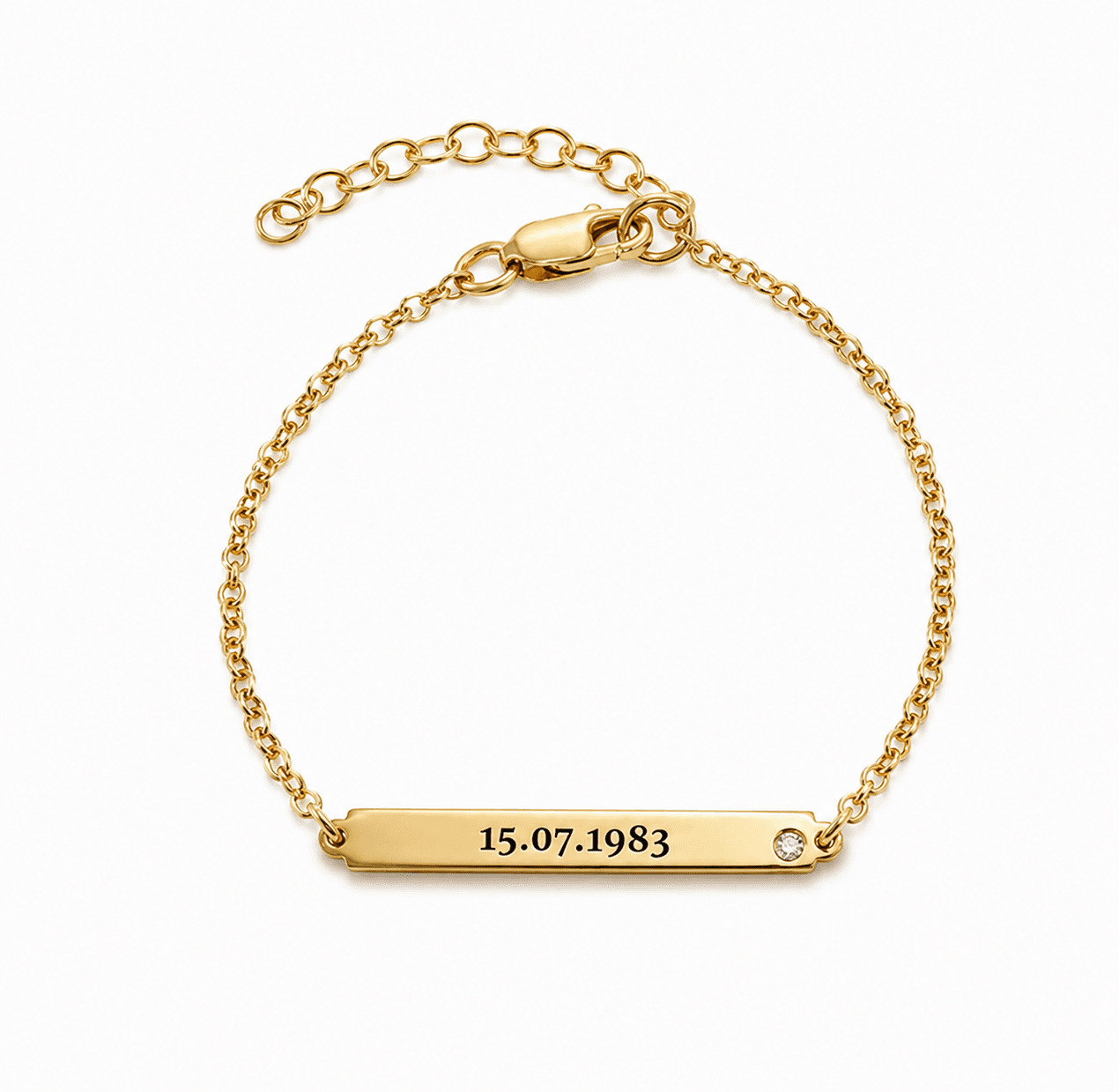 Gold ID Name Bracelet with a diamond and personalized date engraving