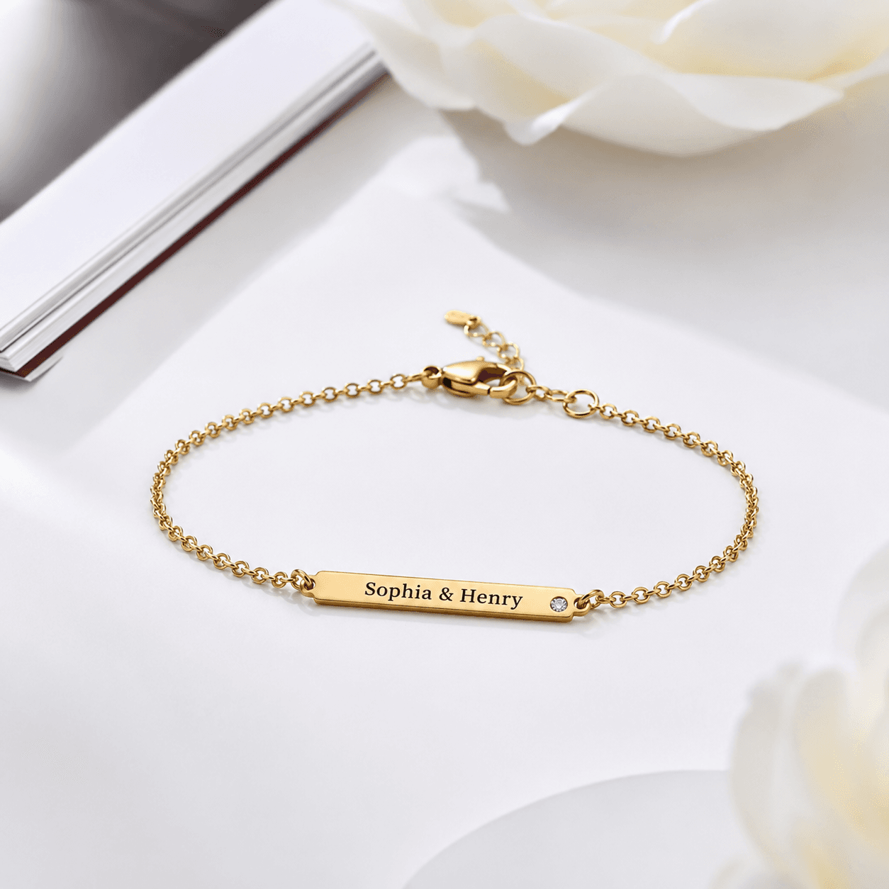 Gold ID Name Bracelet with Diamond engraved with Sophia and Henry