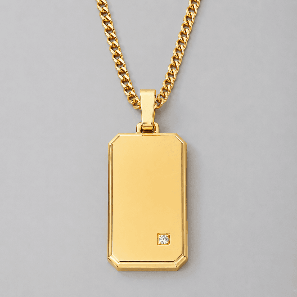 Gold Vermeil rectangular diamond pendant necklace with a blank engraving face