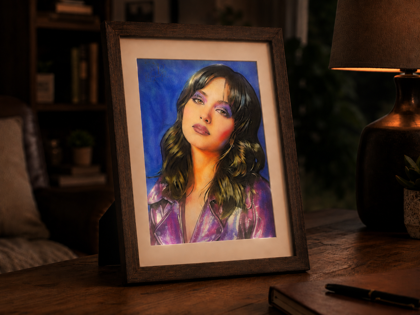 Finished illuminated custom portrait frame in a real room